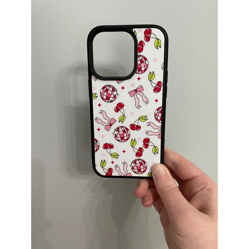 iPhone 14 Pro Case White Pink Red Disco Ball Cherry Bow Coquette Retro Bumper